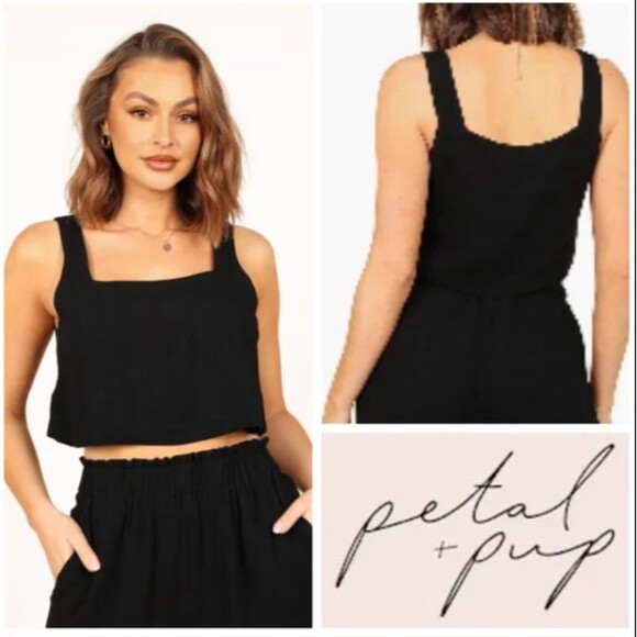 Petal&Pup Eleanor Linen Cropped Tank Top Women L Black Quiet Luxury Beach Whimsy - Picture 1 of 9